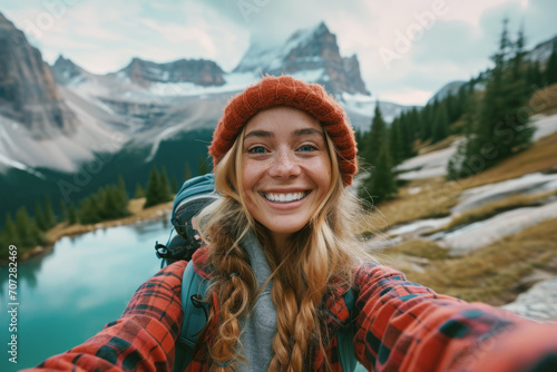 Female traveler taking selfie against beautiful mountain landscape © Lazy_Bear