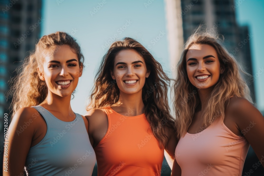 Smiling portrait of female athletes in sportswear outside Smiling portrait of female athletes in sportswear outside