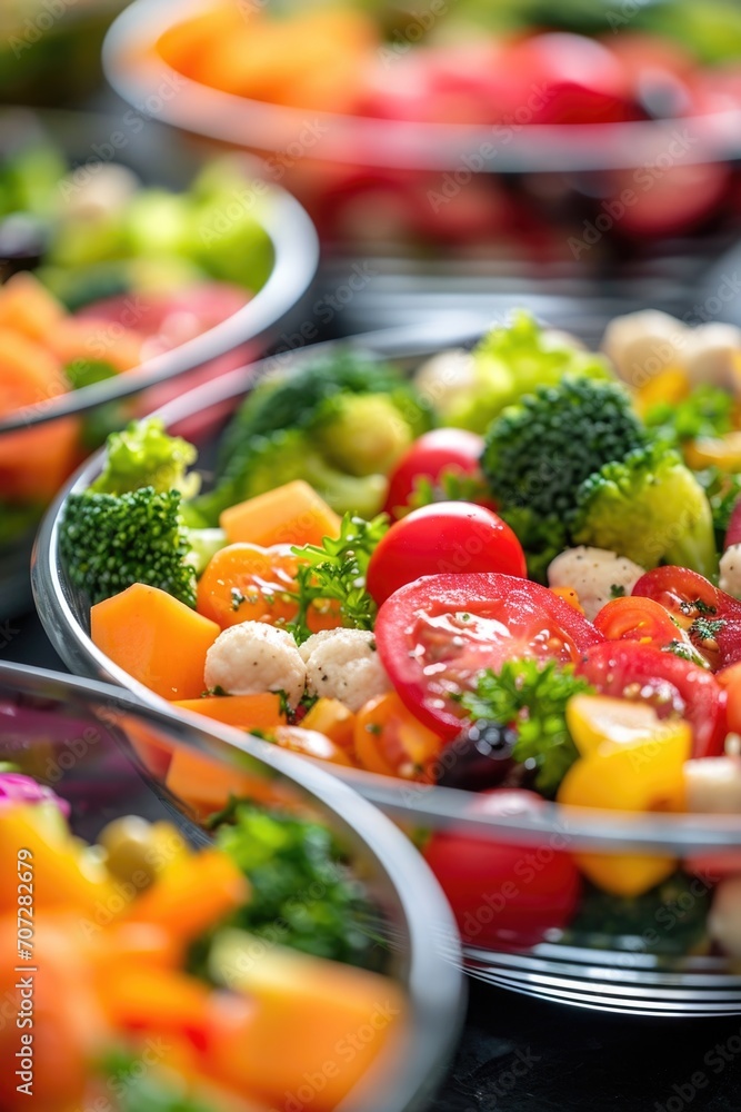 A table adorned with bowls filled with a variety of fresh and colorful vegetables. Perfect for showcasing healthy eating, farm-to-table concepts, or vegetarian recipes A table adorned with bowls filled with a variety of fresh and colorful vegetables. Perfect for showcasing healthy eating, farm-to-table concepts, or vegetarian recipes