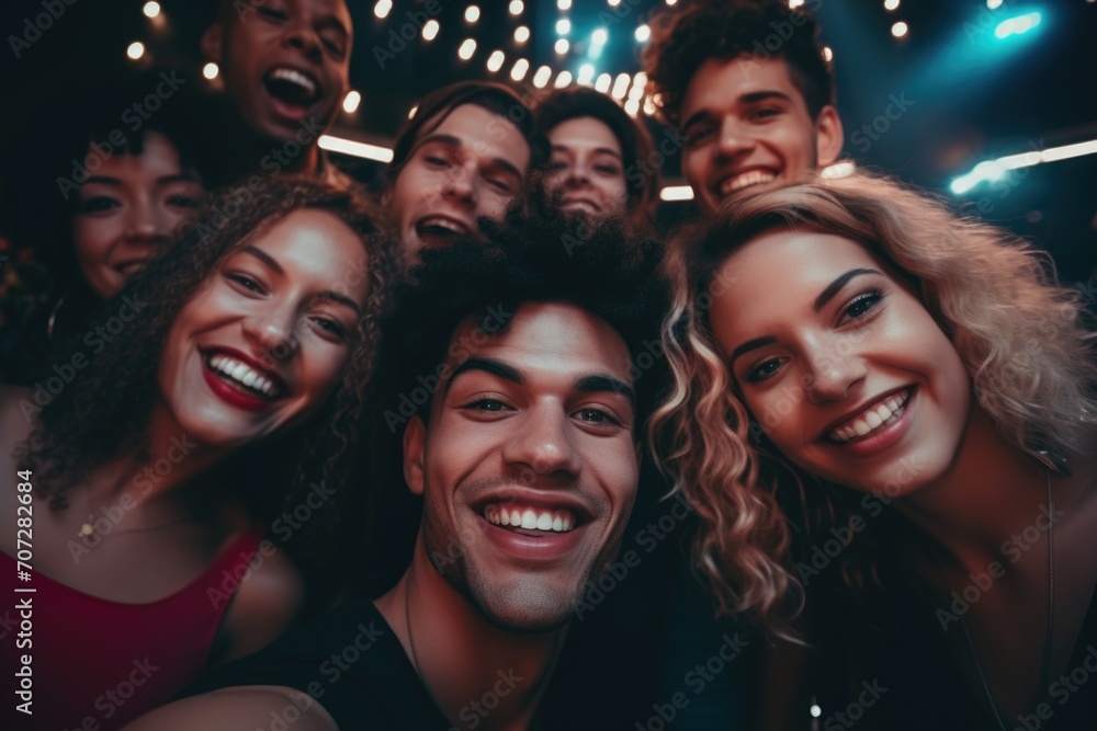 Group of friends taking a selfie at a party with lights and sparkles
