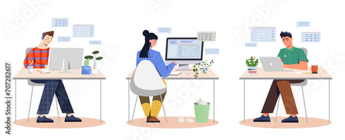 Office workers set. Men and woman with computers sitting at tables. Colleagues and partners work at common project, coworkers. Cartoon flat vector collection isolated on white background
