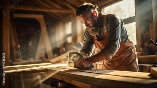 Skilled Carpenter at Work in a Dusty Workshop. Generative ai photo