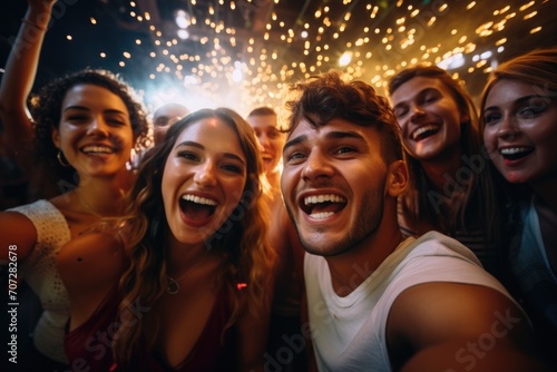 Group of friends taking a selfie at a party with lights and sparkles