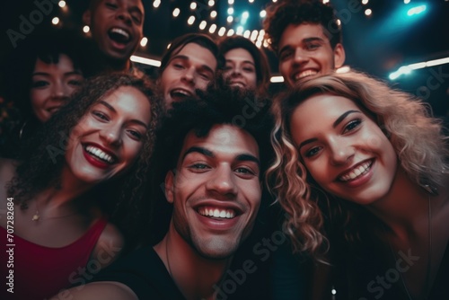 Group of friends taking a selfie at a party with lights and sparkles