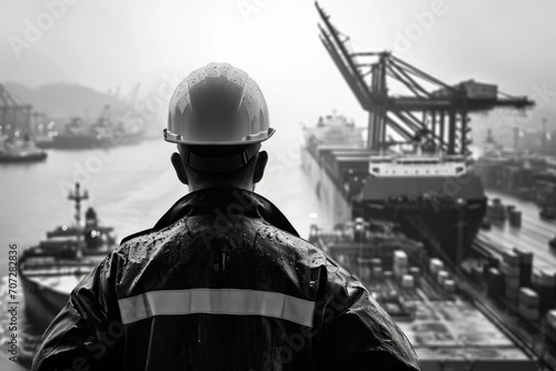 A black and white photo of a man wearing a hard hat. Suitable for construction, engineering, or industrial themes