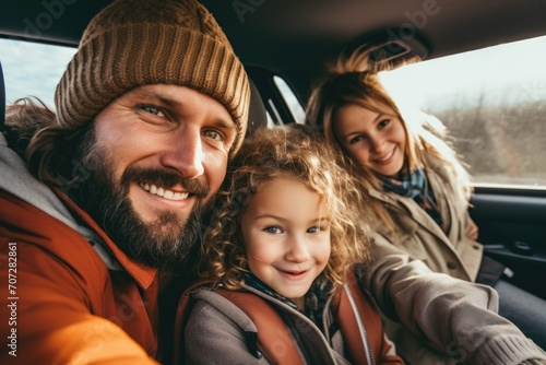 Happy young family taking a selfie in the car © Baba Images