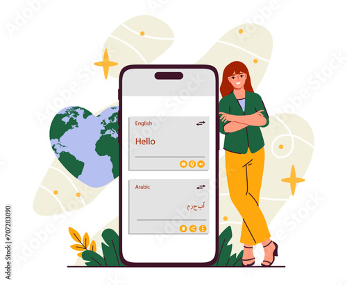 Online translator concept. Woman with smartphone. Mobile application for international communication and interaction. English to rabic translate on internet. Cartoon flat vector illustration photo