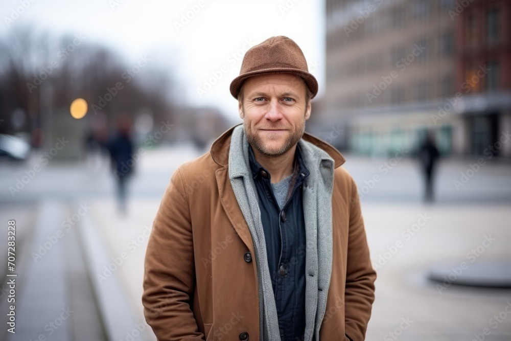 Portrait of a handsome man in a hat and coat on a city street