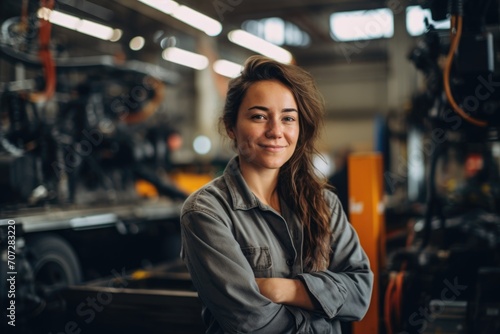 Portrait of a smiling young woman working in automotive factory