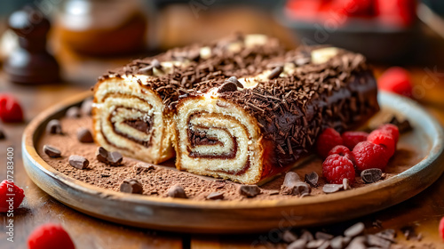 Chocolate roll cake with raspberries on a wooden table.