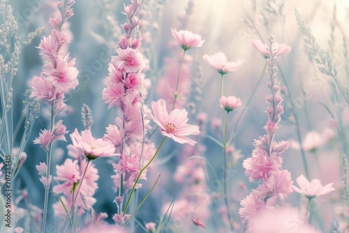 A field of pink flowers with a vibrant blue sky in the background. Perfect for nature and floral-themed designs