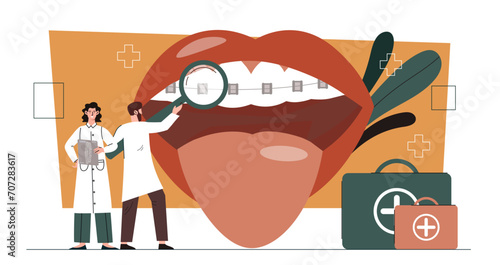 Orthodontic clinic concept. Man and woman with braces at teeth. Health care and treatment, medicine. Stomatology and oral hygiene. Template and layout. Cartoon flat vector illustration