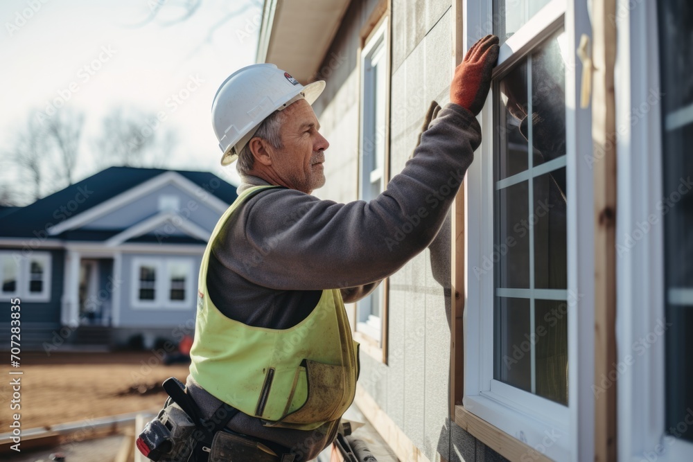 Middle aged male construction worker installing new windows to home Middle aged male construction worker installing new windows to home
