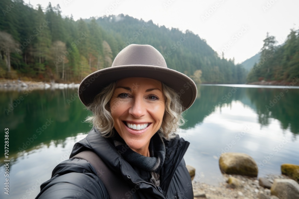 Smiling middle aged woman taking selfie lakeside Smiling middle aged woman taking selfie lakeside
