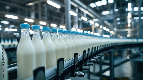 Dairy Production Line with Bottled Milk. Generative ai © Scrudje