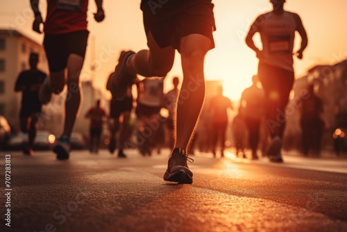 Bottom view of young athletes running a marathon in the city