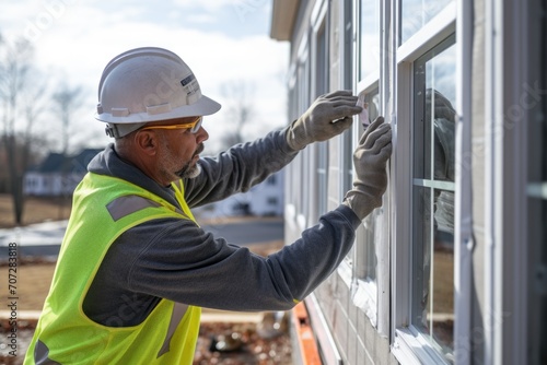 Middle aged male construction worker installing new windows to home