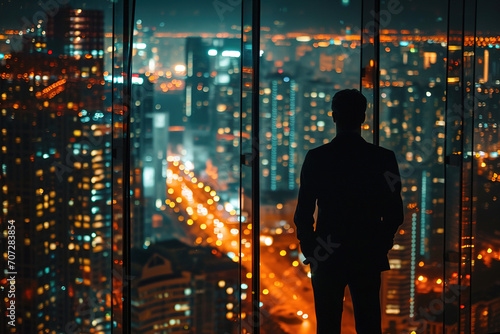 back view of a silhouette of a man in business suit holding his hands in his pockets in front of a window overlooking the city glowing at night © Маргарита Вайс