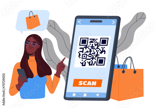 Payment via QR code concept. Woman with smartphone near packages. Electronic commerce and shopping on internet. Digital transfers and transactions. Online store. Cartoon flat vector illustration