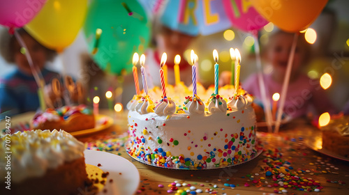 Happy birthday cake with candles and balloons on the table. Birthday cake with burning candles and confetti on bokeh background, birthday party for children, colorful cake.