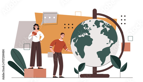 People care about planet concept. Man and woman near globe. Eco frinedly activists and volunteers. Reducing release of harmful waste into atmosphere. Cartoon flat vector illustration