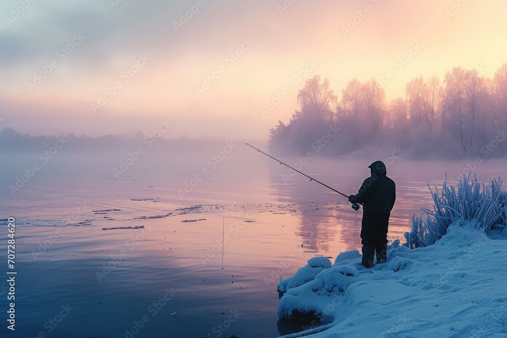 A man is seen fishing on a frozen lake during a beautiful sunset. This image can be used to depict the peacefulness and serenity of winter activities.