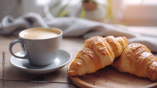 Two croissants and a cup of coffee on a plate. Perfect for breakfast or a cozy cafe scene