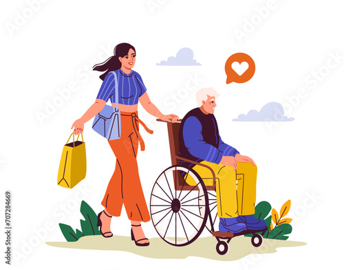 Woman helping elderly man. Young girl with senior at wheelchair. Activist and volunteer give help to grandfather. Support and care about old people. Cartoon flat vector illustration