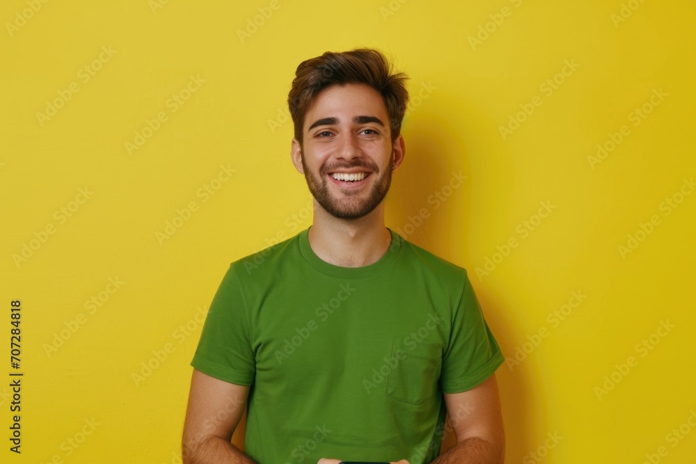 A man in a green shirt holding a cell phone. Suitable for technology-related projects A man in a green shirt holding a cell phone. Suitable for technology-related projects