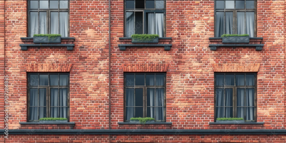 A picture of a red brick building with windows, adorned with plants. Perfect for architectural, urban, or environmental themes