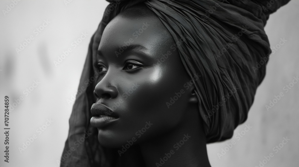 Monochrome Portrait of a Young African Woman with Traditional Headwrap. Generative ai Monochrome Portrait of a Young African Woman with Traditional Headwrap. Generative ai