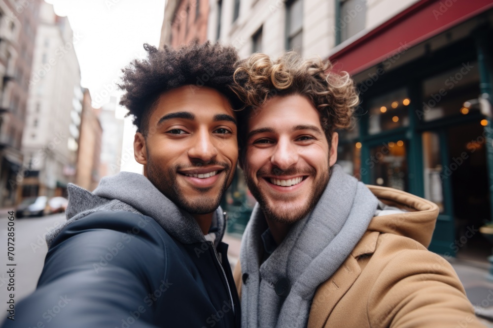 Close up of a young gay couple taking selfie in the city Close up of a young gay couple taking selfie in the city