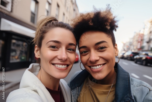 Smiling portrait of a young lesbian couple taking selfie in the city