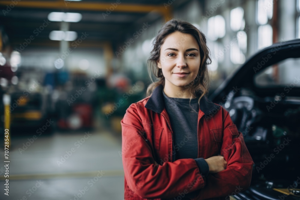 Portrait of a smiling young woman working in automotive factory Portrait of a smiling young woman working in automotive factory
