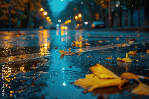 A picture of a wet street with yellow leaves scattered on the ground. Suitable for autumn-themed designs and nature-related projects © Fotograf