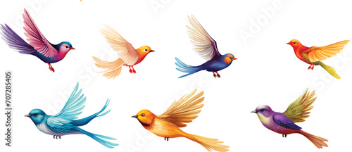 Vector illustration collection of colorful flying birds on white background.