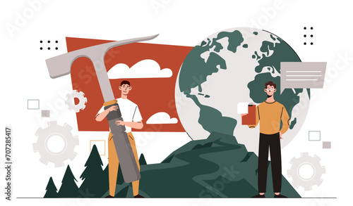 Petrology people concept. Two men with hammer at background of road and globe. Geology and geodesy specialists team. Scientist conduct experiments. Cartoon flat vector illustration