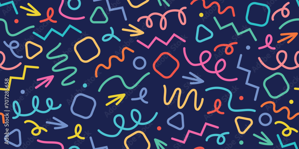 Fun colorful abstract line doodle shape seamless pattern. Minimalist style art for children or party celebration with modern shapes. Simple childish drawing scribble decoration. Fun colorful abstract line doodle shape seamless pattern. Minimalist style art for children or party celebration with modern shapes. Simple childish drawing scribble decoration.