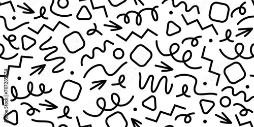 Fun abstract line doodle shape seamless monochrome pattern. Minimalist style art for children with modern shapes. Simple childish drawing scribble decoration.