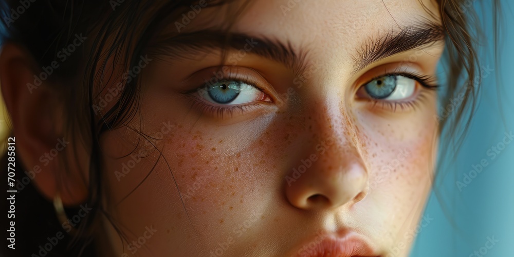Close up of a woman with freckles on her face. Suitable for beauty and skincare concepts Close up of a woman with freckles on her face. Suitable for beauty and skincare concepts