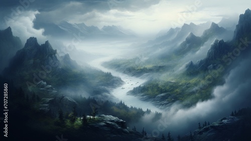 A serene, fog-covered valley where nature's silence reigns supreme.