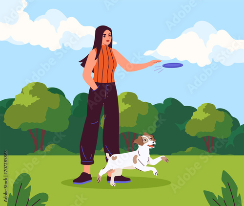 Play with dog outdoor concept. Woman with puppy in city park in sunny day. Young girl throws blue frisbee. Active liestyle and leisure with domestic animal. Cartoon flat vector illustration