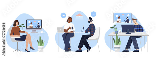 Podcast record set. Men and women create interesting content. Young guy and girl with microphones. Hosts in studio recording broadcast. Cartoon flat vector collection isolated on white background
