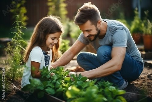 Family Gardening Together in the Sunshine. Generative ai © Scrudje