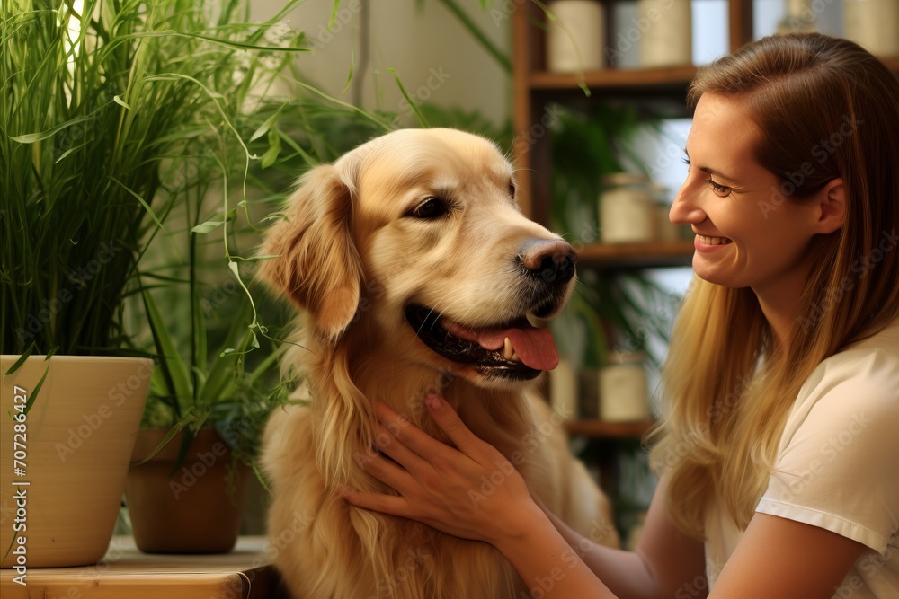 Kind-hearted housewife with a warm smile petting her adorable dog in their cozy home