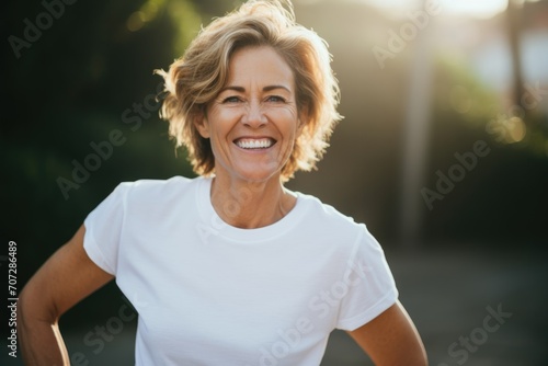 Portrait of a happy middle aged woman wearing white t shirt outside