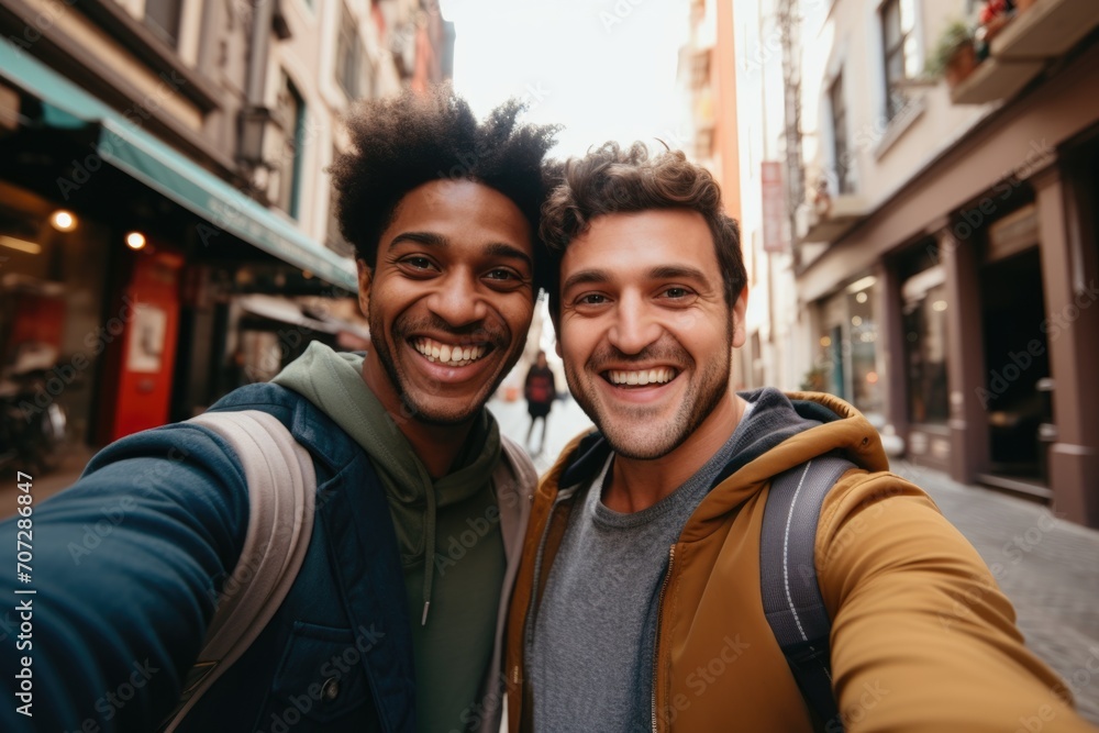 Close up of a young gay couple taking selfie in the city Close up of a young gay couple taking selfie in the city