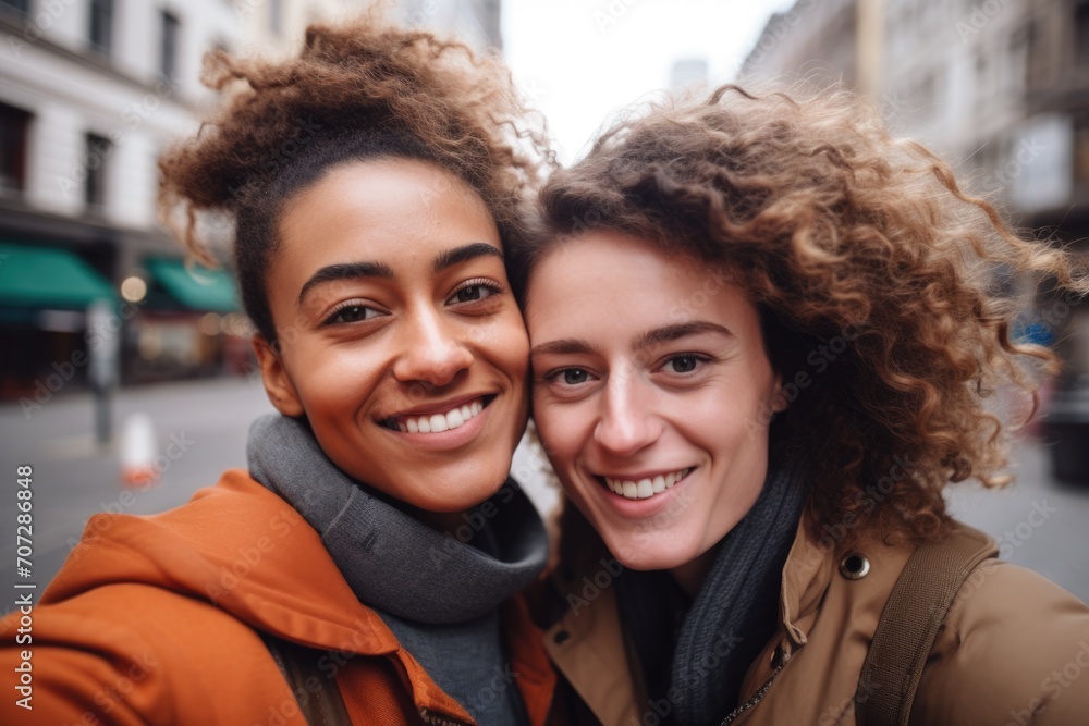 Smiling portrait of a young lesbian couple taking selfie in the city Smiling portrait of a young lesbian couple taking selfie in the city