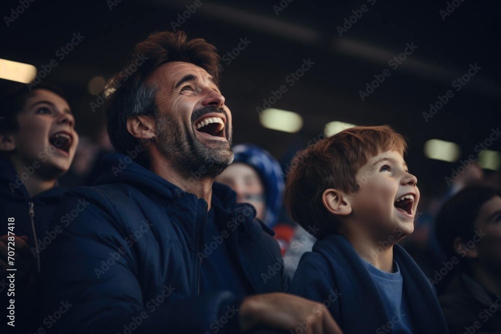 Father and son cheering in football stadium Father and son cheering in football stadium