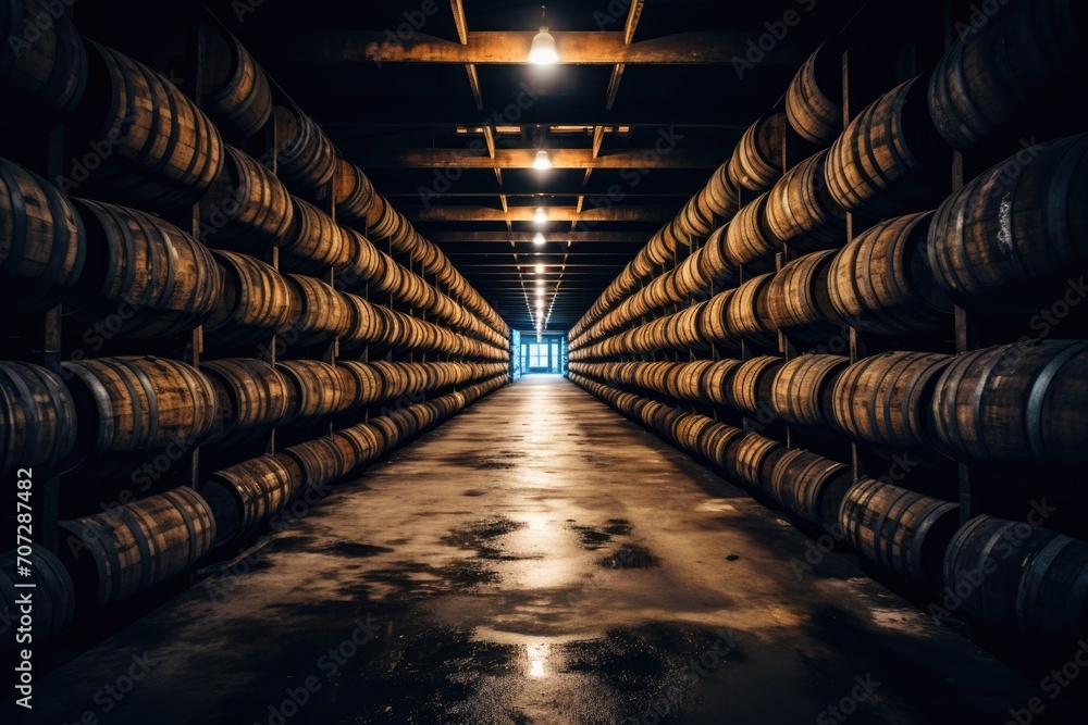 Rows of Aging Whiskey Barrels in a Distillery Warehouse